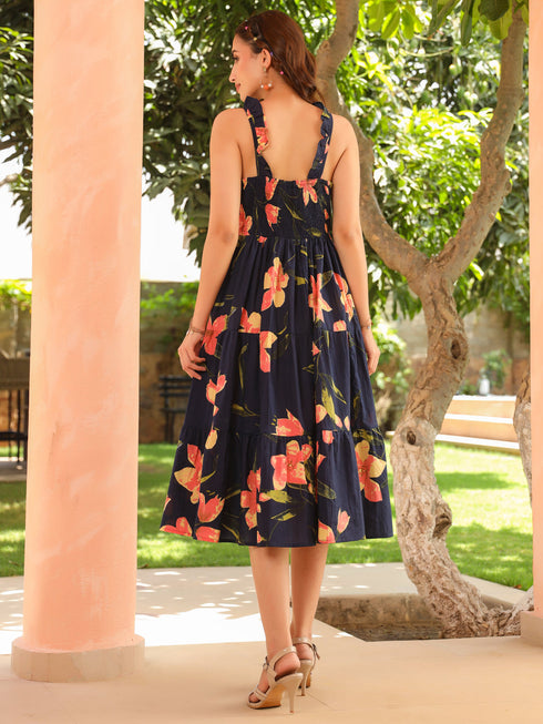 Printed Fit & Flared Pure Cotton Midi Ethnic Dresses